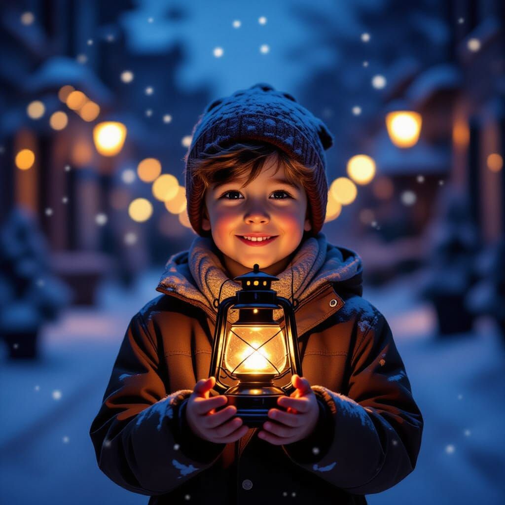 Boy Holds Glowing Lantern on Snowy Christmas Street