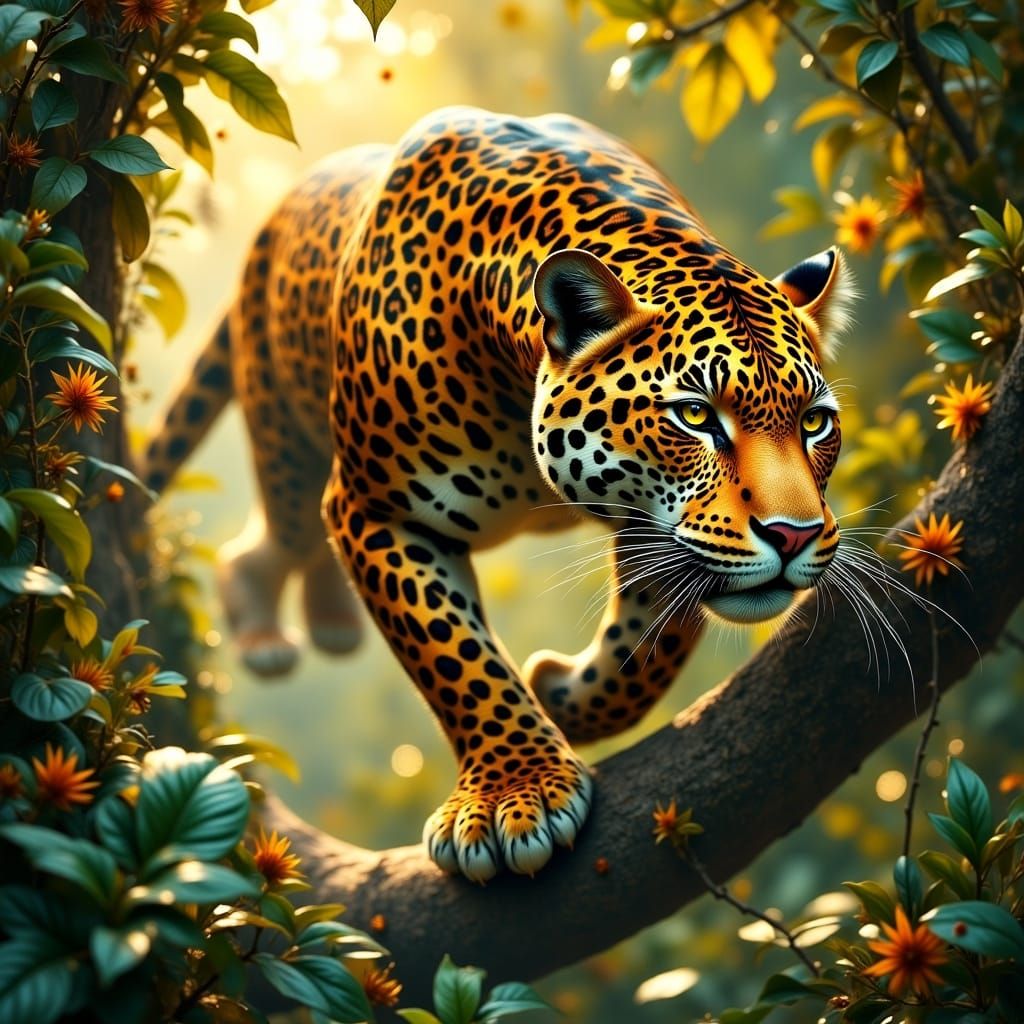 Golden Jaguar Leaping in Jungle: A Digital Art Masterpiece