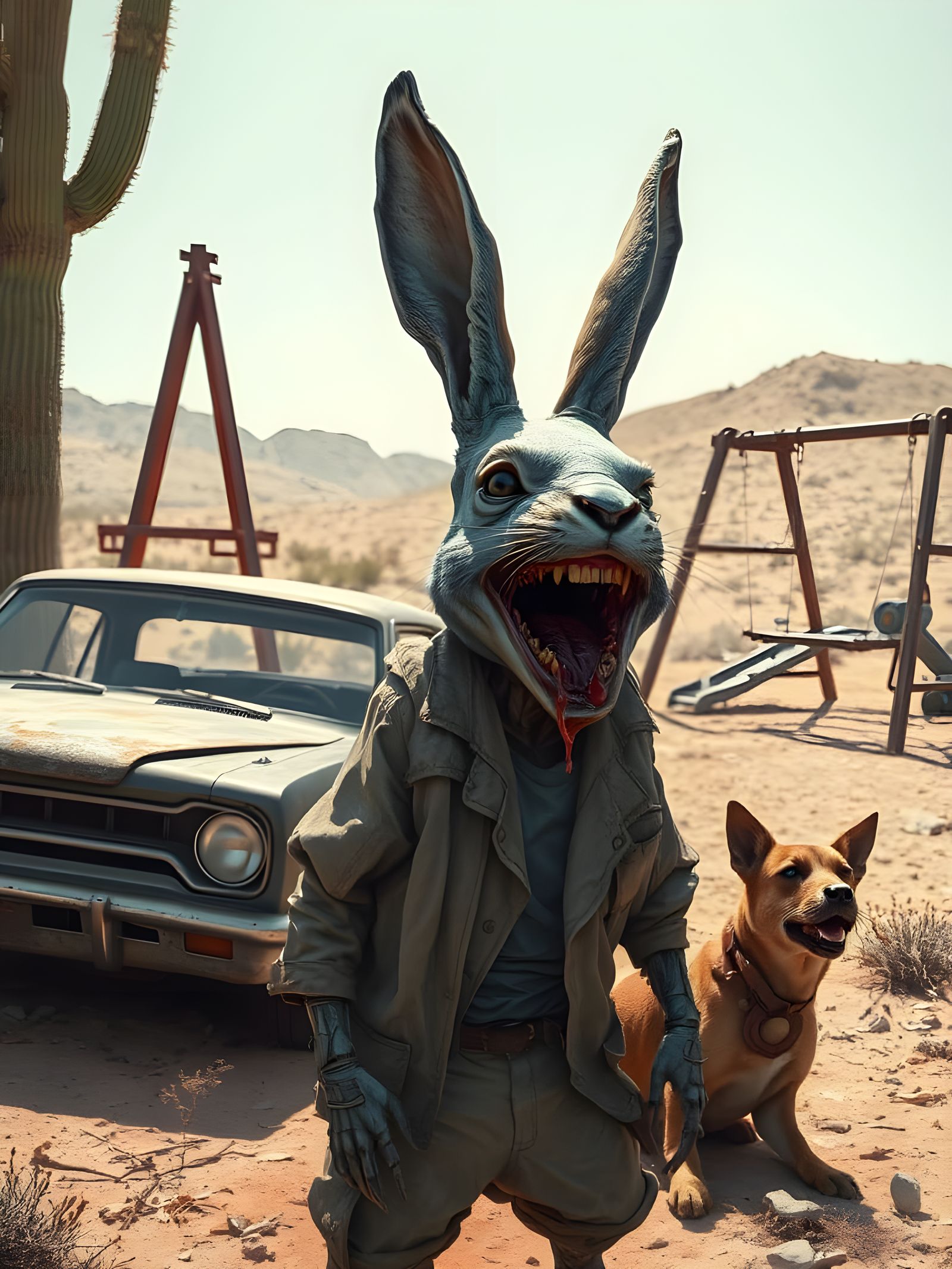Terrifying Zombie Rabbit Portrait in Desert Playground