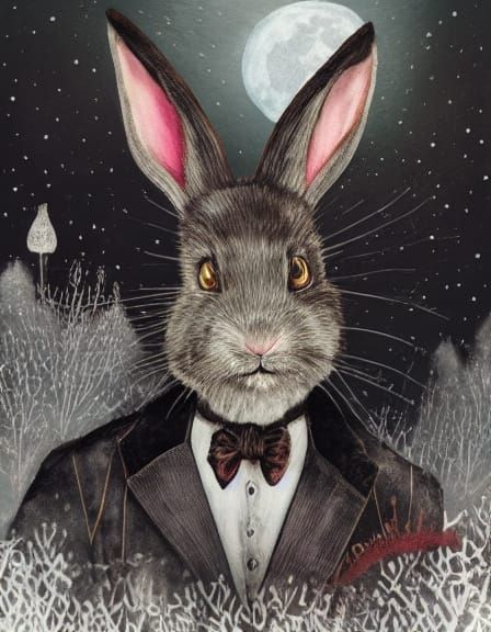 Victorian Rabbit in Moonlit Forest - Alcohol Ink Style