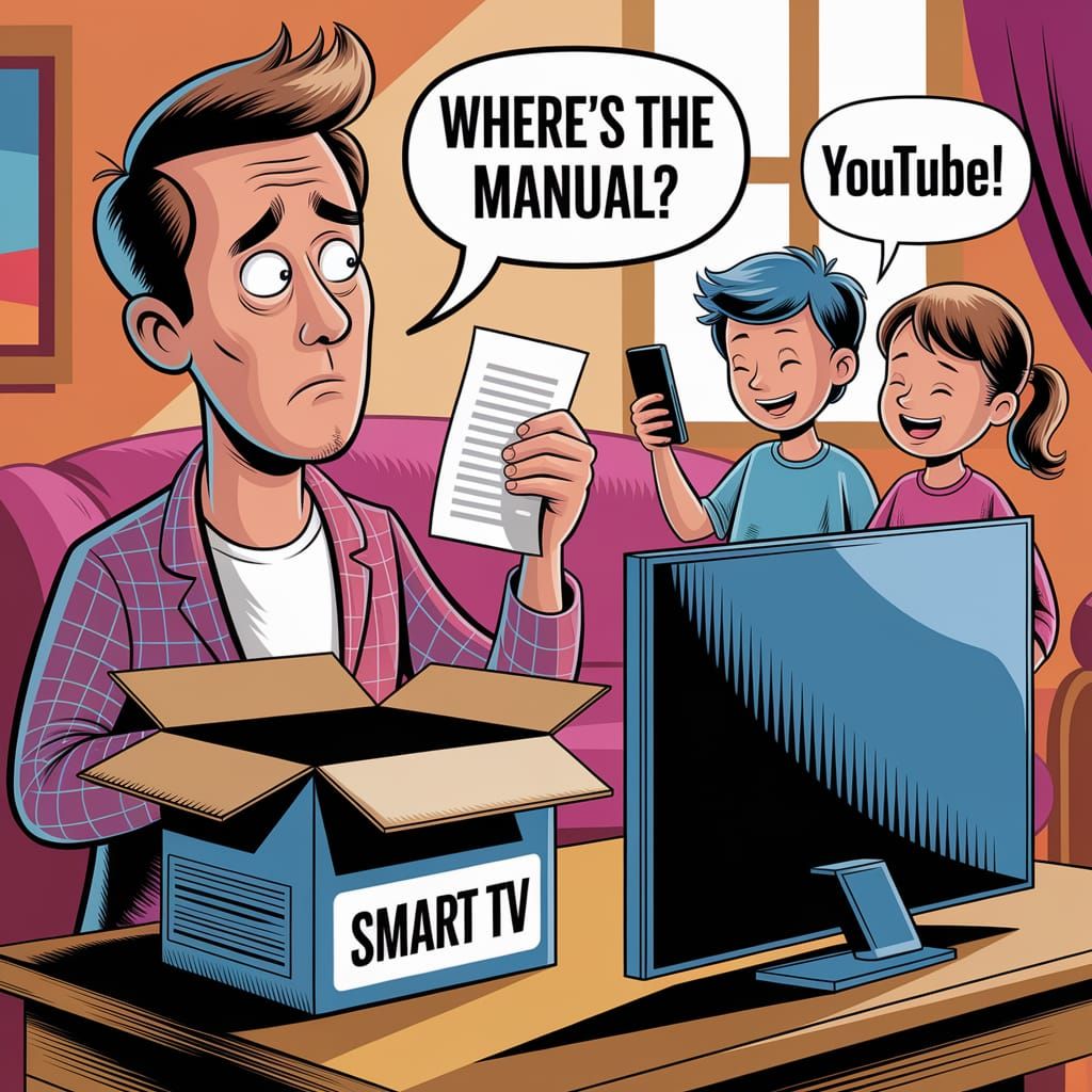 Confused Man with Empty TV Box, Cartoon Style