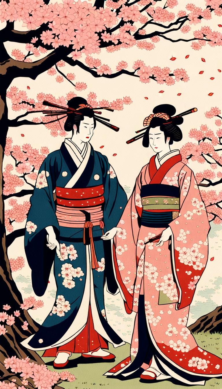 Geisha and Samurai Under Cherry Blossoms: Ukiyo-e Print