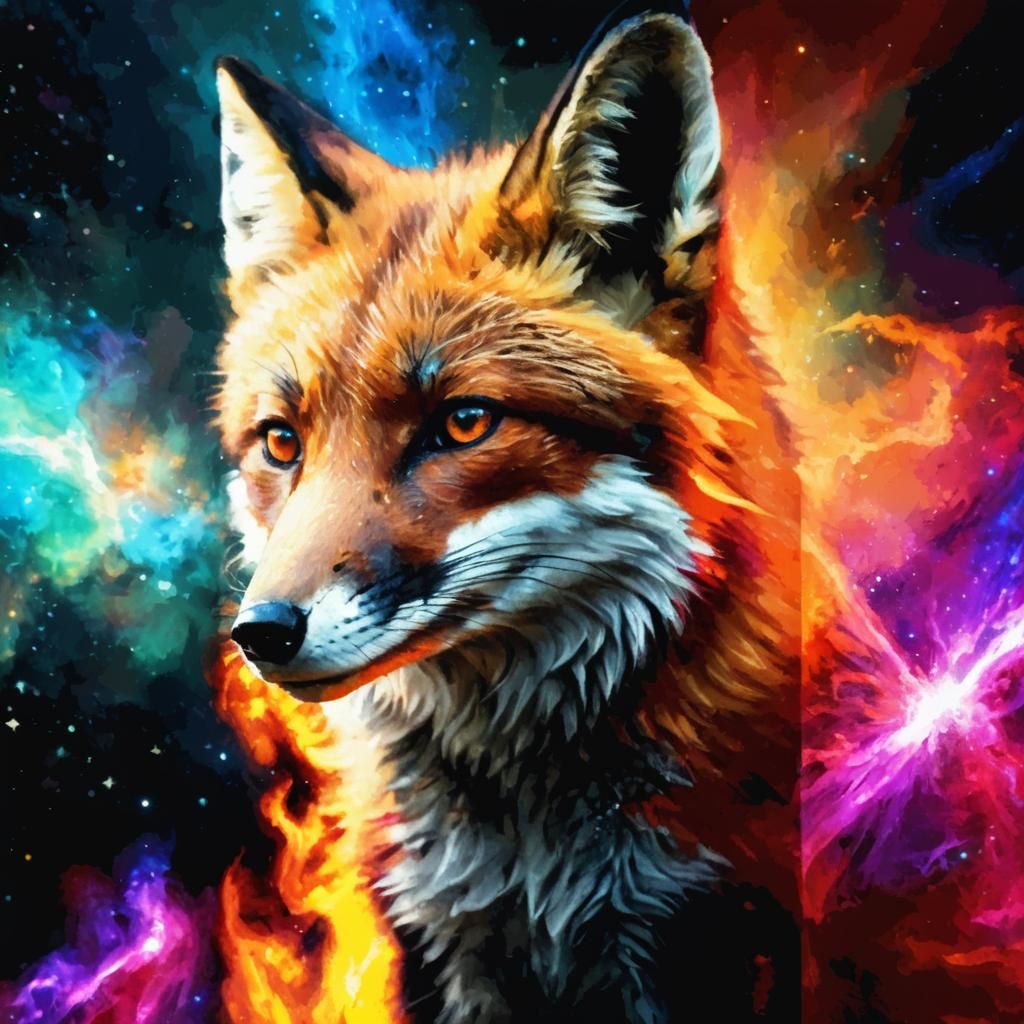 Fox Portrait Emerging From Nebula Background