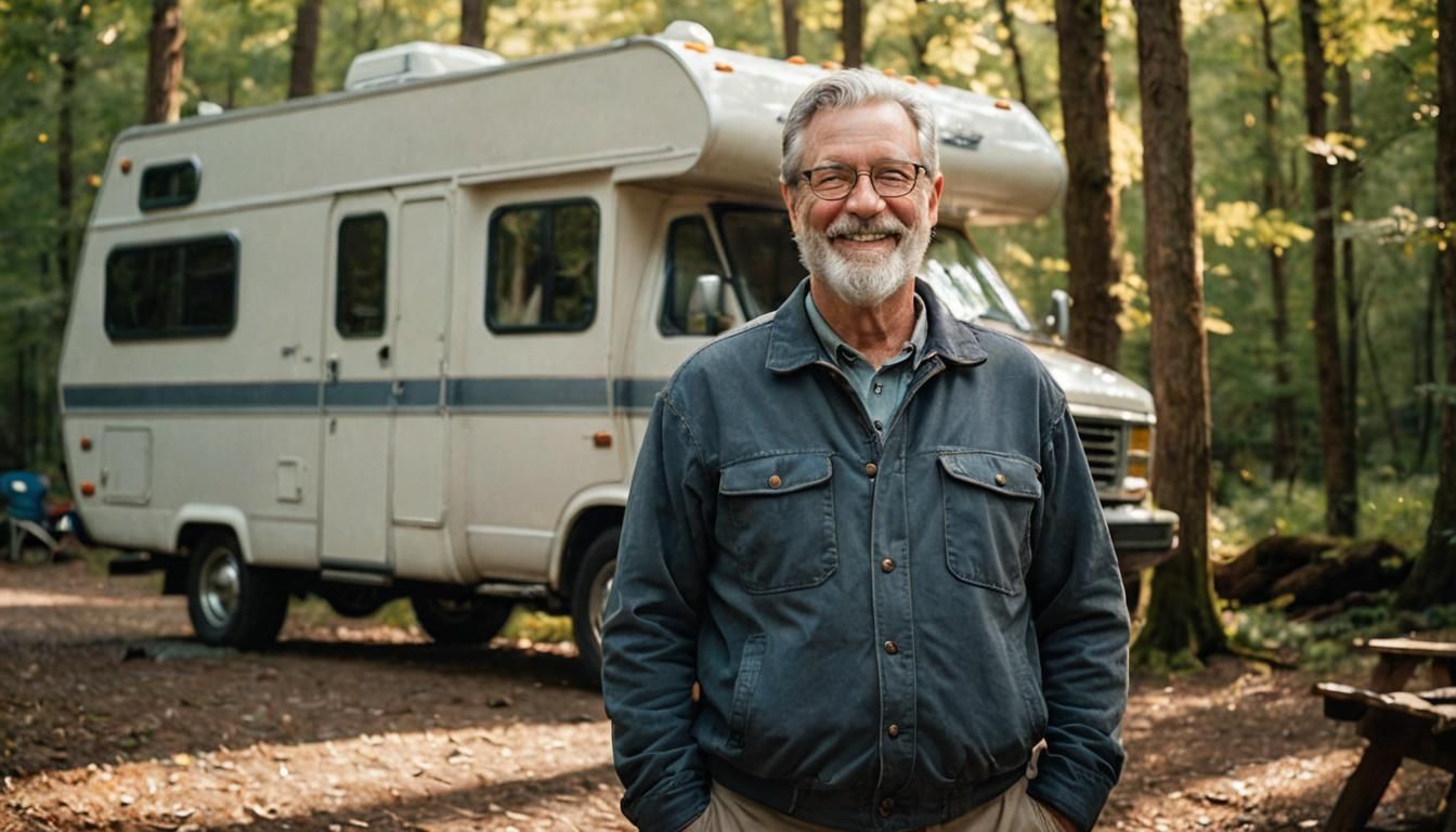 Smiling Man by Camper in Sunny Woods: Portrait Photography