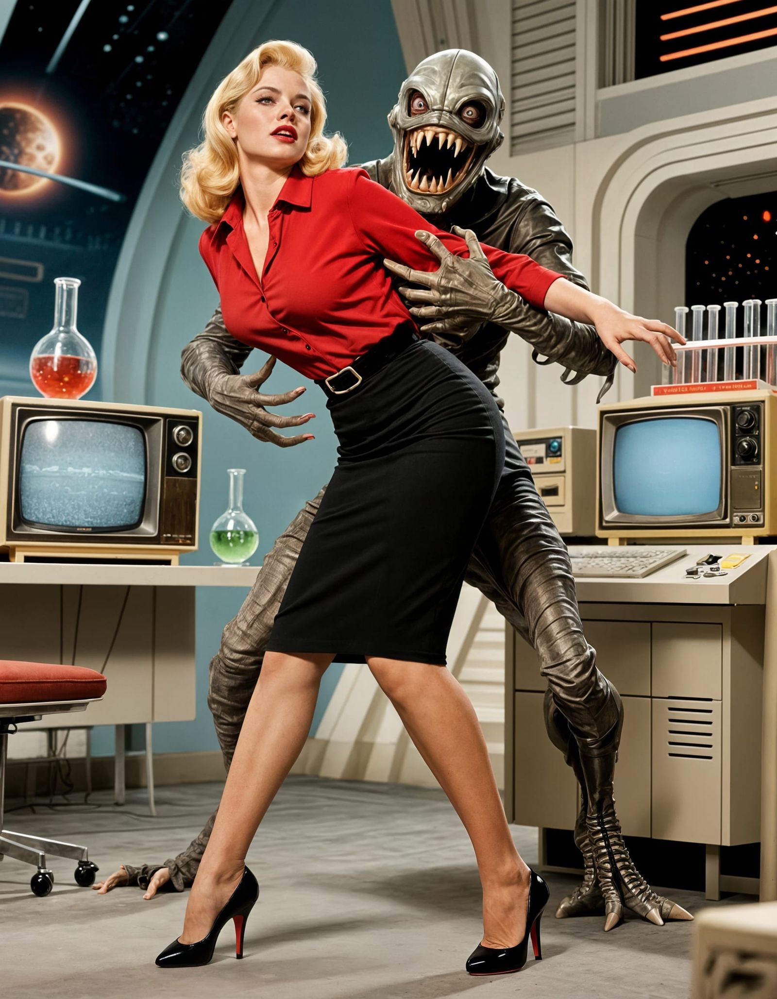 Retro Sci-Fi Pinup Girl Captured by Monster