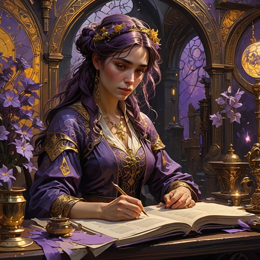 Woman Writing: Dark Fantasy Concept Art in Oil