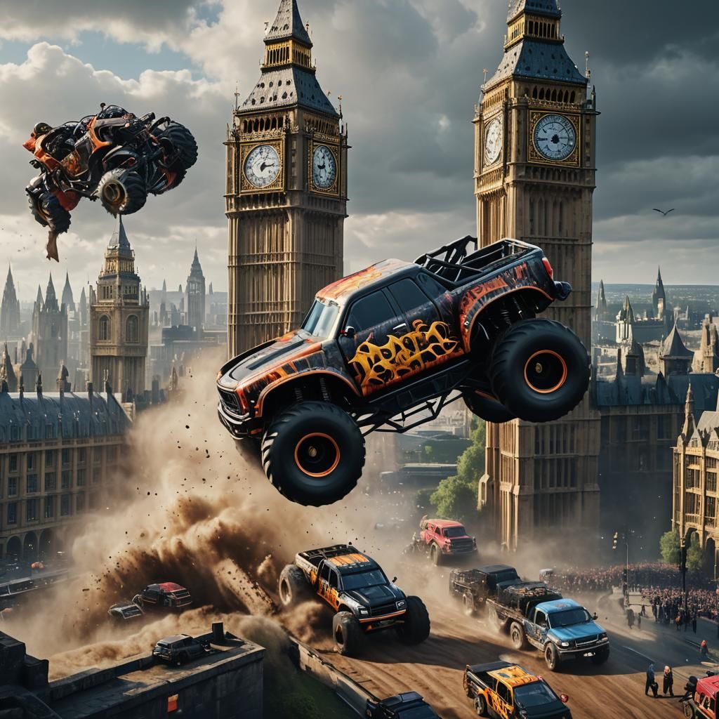 Monster Truck Jumps Big Ben: Detailed Matte Painting