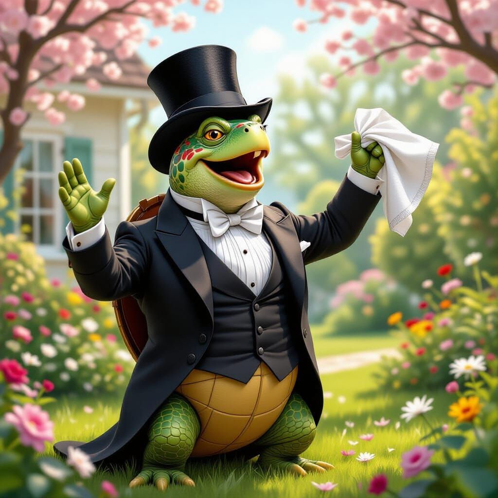 Victorian Turtle Opera Singer in Spring Garden