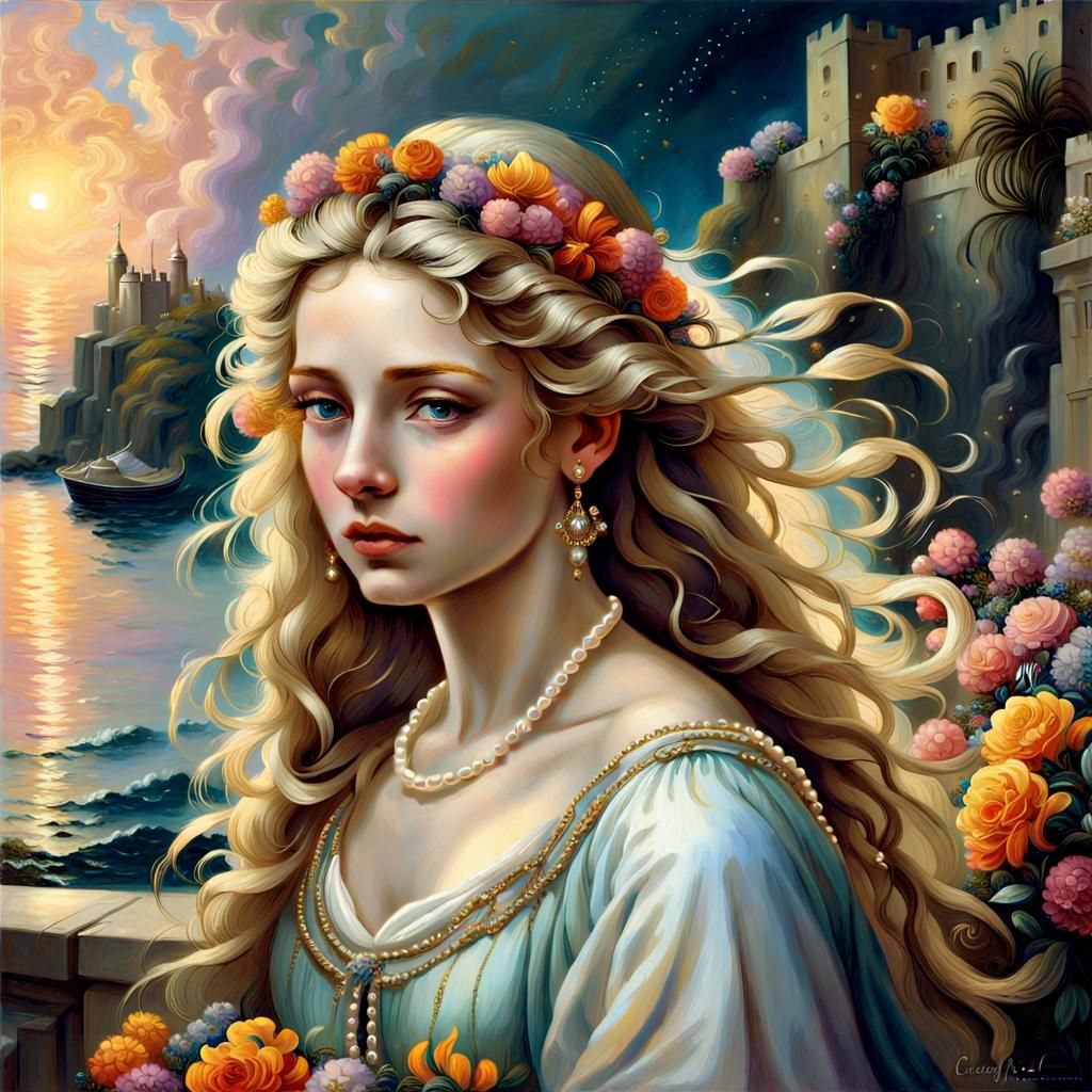 Sad Grecian Maiden Portrait with Flowers and Pearls