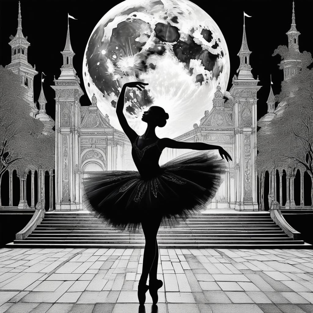 Black Swan Ballerina in Art Nouveau Ink Drawing