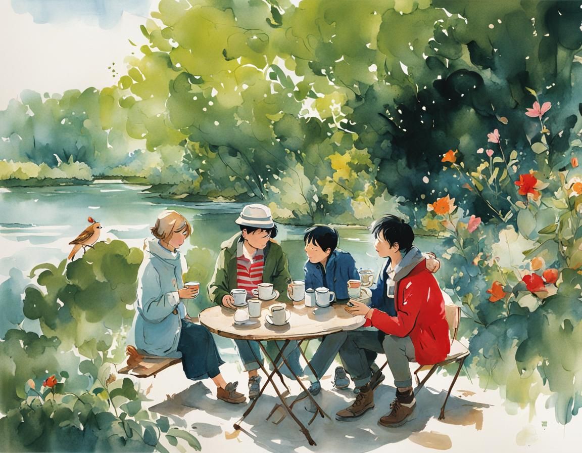 Whimsical River Coffee Date Illustration