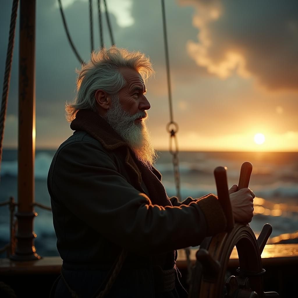 Scottish Mariner Navigating Stormy Sunset: Cinematic 35mm Fi...