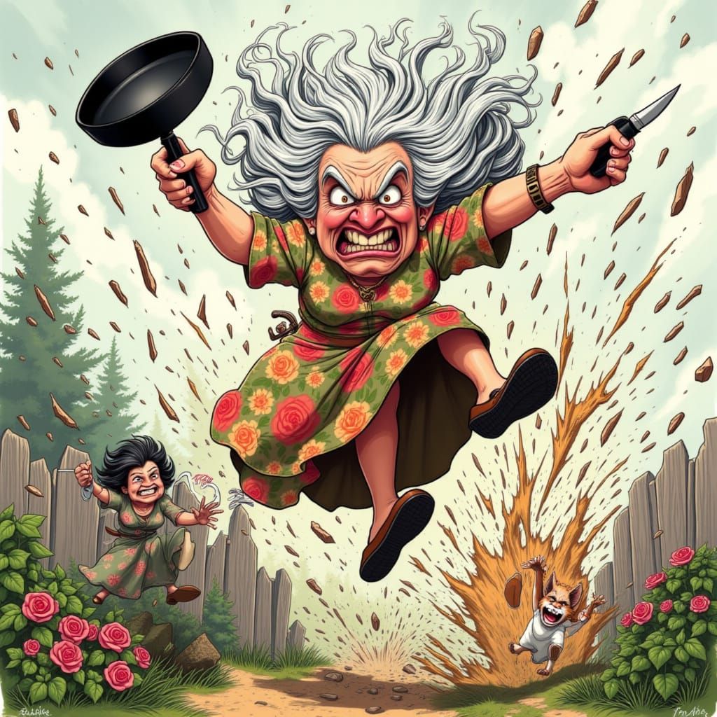 <lora:Angry Meemaw:1.0>  Angry Meemaw chases after a dog