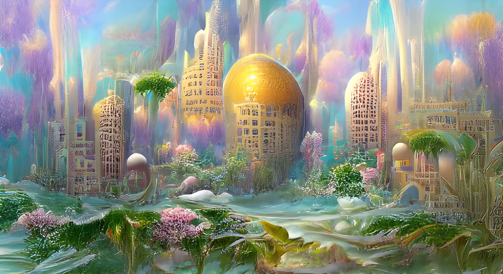 Futuristic Coastal City in Soft Ethereal Colors