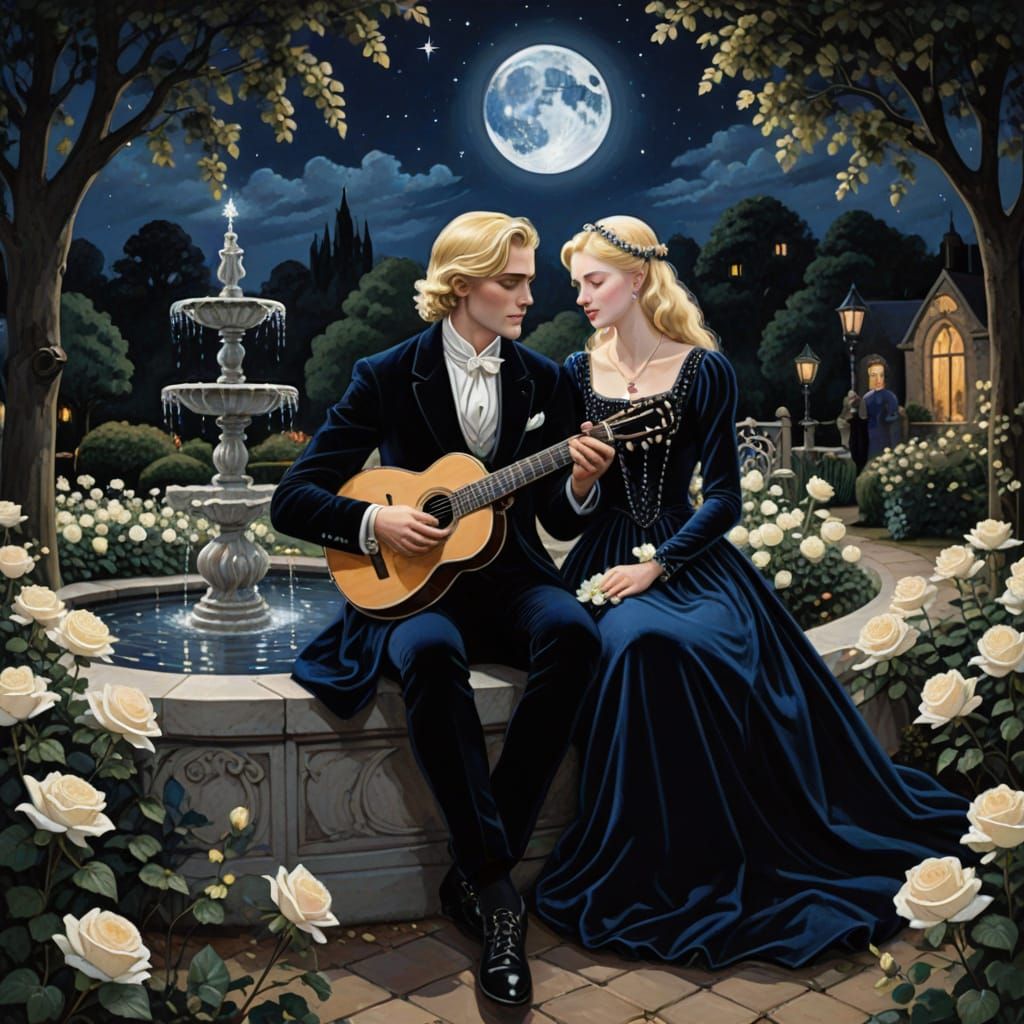Moonlit Renaissance Garden Scene with Couple