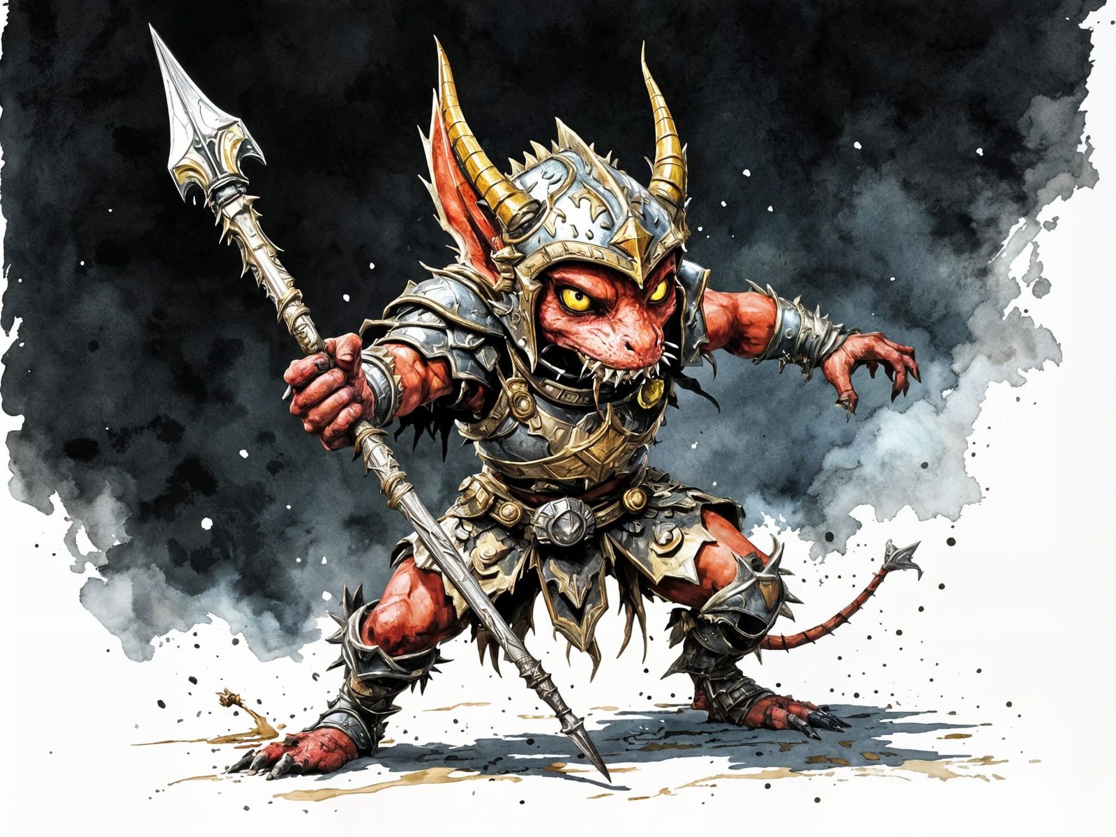 Armored Kobold Warrior with Glaive, Watercolor Style