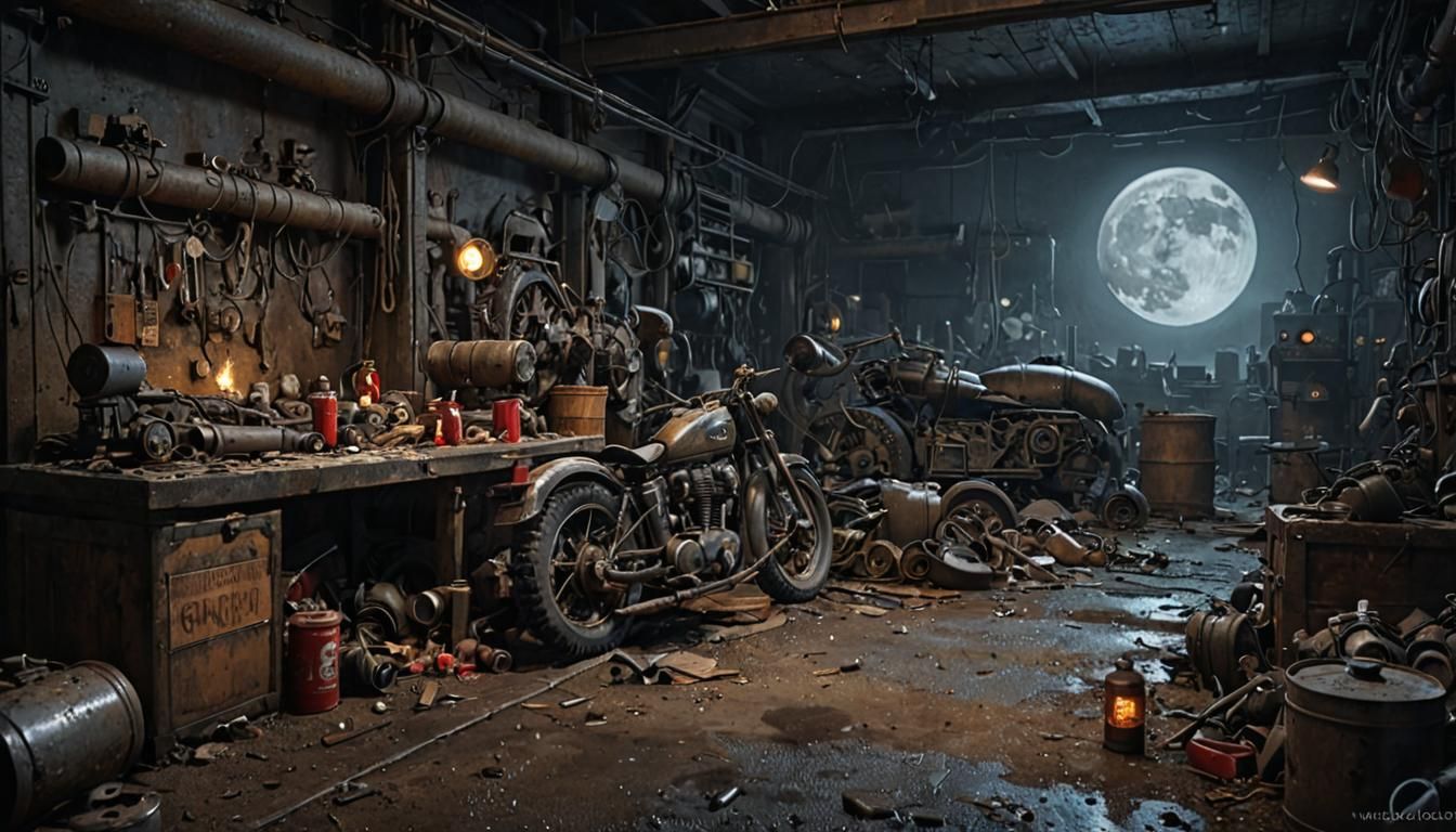 Grimdark 1940s Industrial Wasteland Motorcycle Workshop