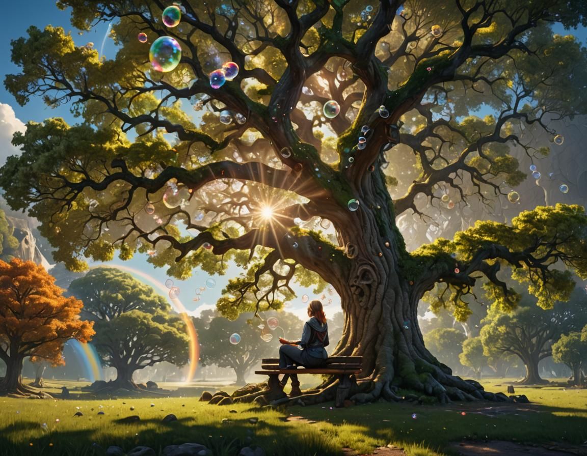 Giant Oak Tree with Rainbows, Fantasy Concept Art