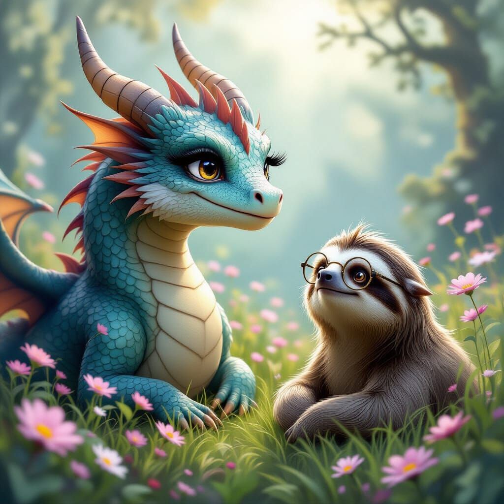 Fantasy Dragon and Sloth Journey in Glowing Meadow