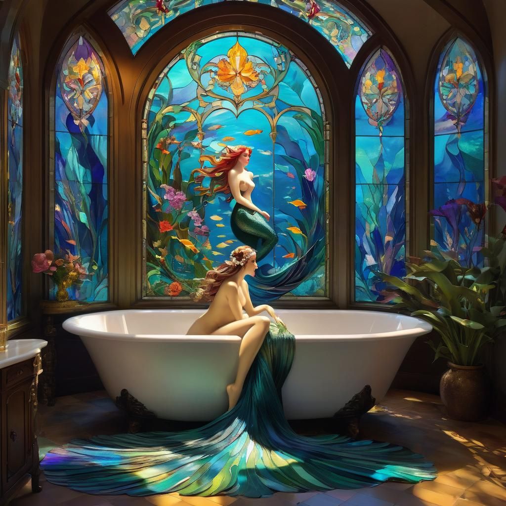 Mermaid Bathing in Stained Glass, Gouache Style