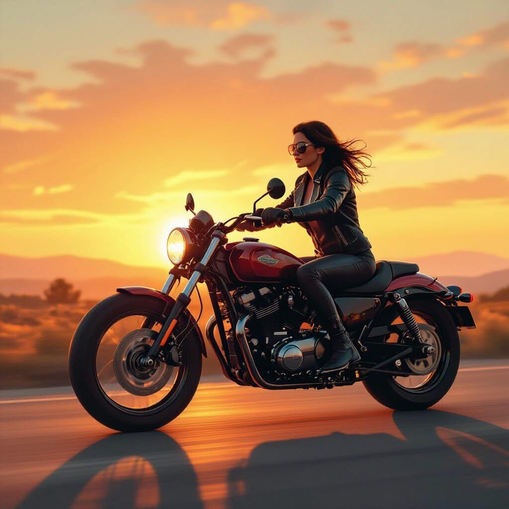 Woman Rides Motorcycle into Sunrise: Retro-Futuristic Style