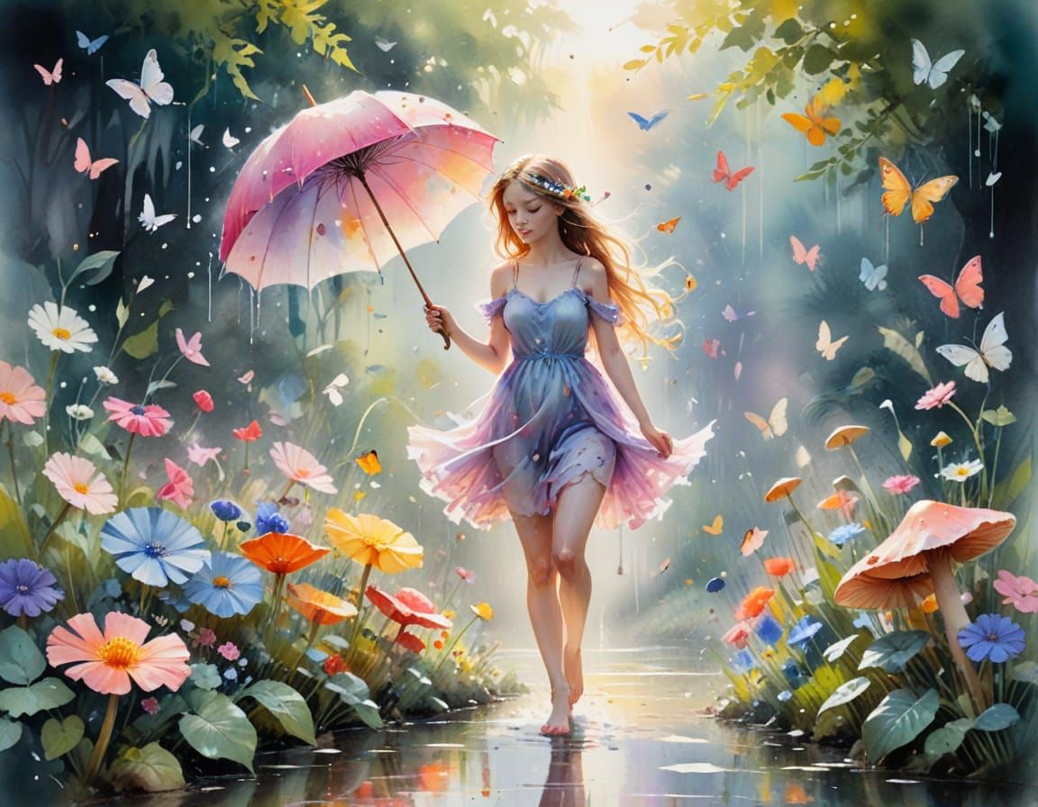 Pastel Fairy in Magical Garden Watercolor Painting