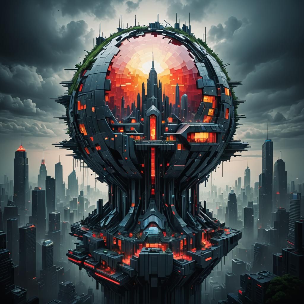 Pixelated Neofuturistic Landscape in Red and Gray