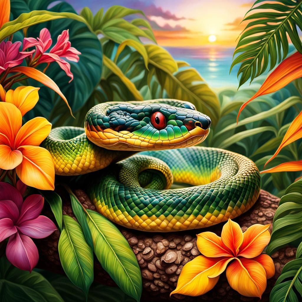 Rainbow Snake Portrait in Tropical Island Setting