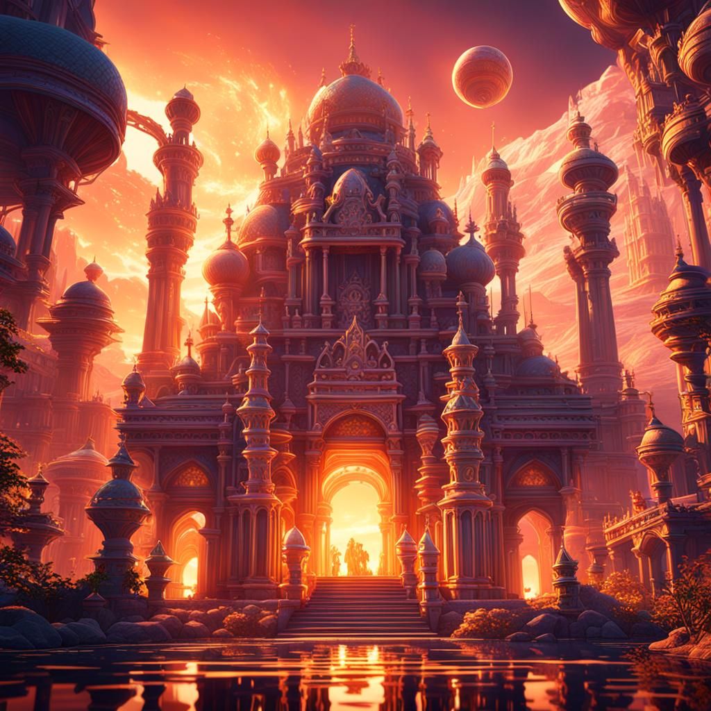 Fantastical Sunset Kingdom: Detailed Matte Painting of Venus