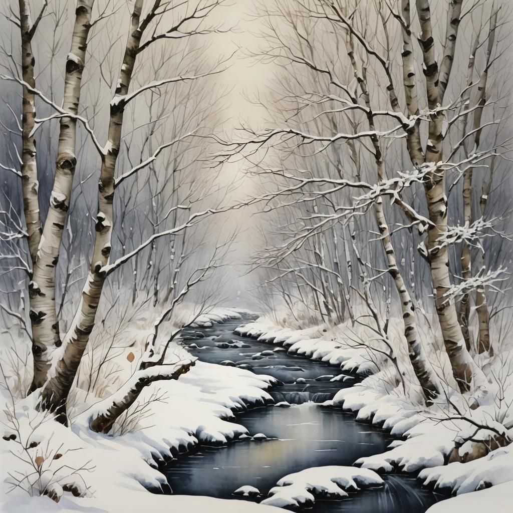 Snow Laden Birch Branches in Winter Watercolor