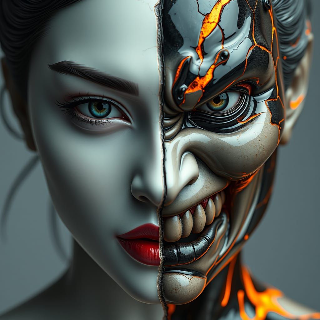 Contrasting Ceramic Woman Portrait in Anime Style