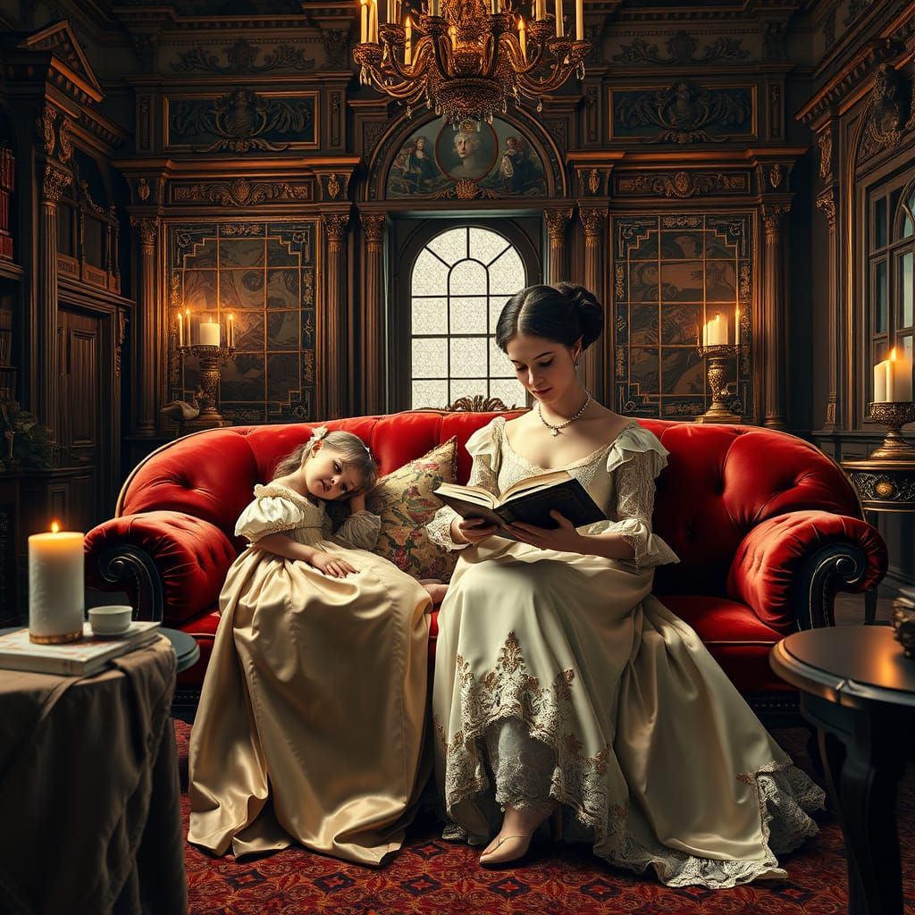 Mother and Daughter Reading in Castle Library, Rococo Style