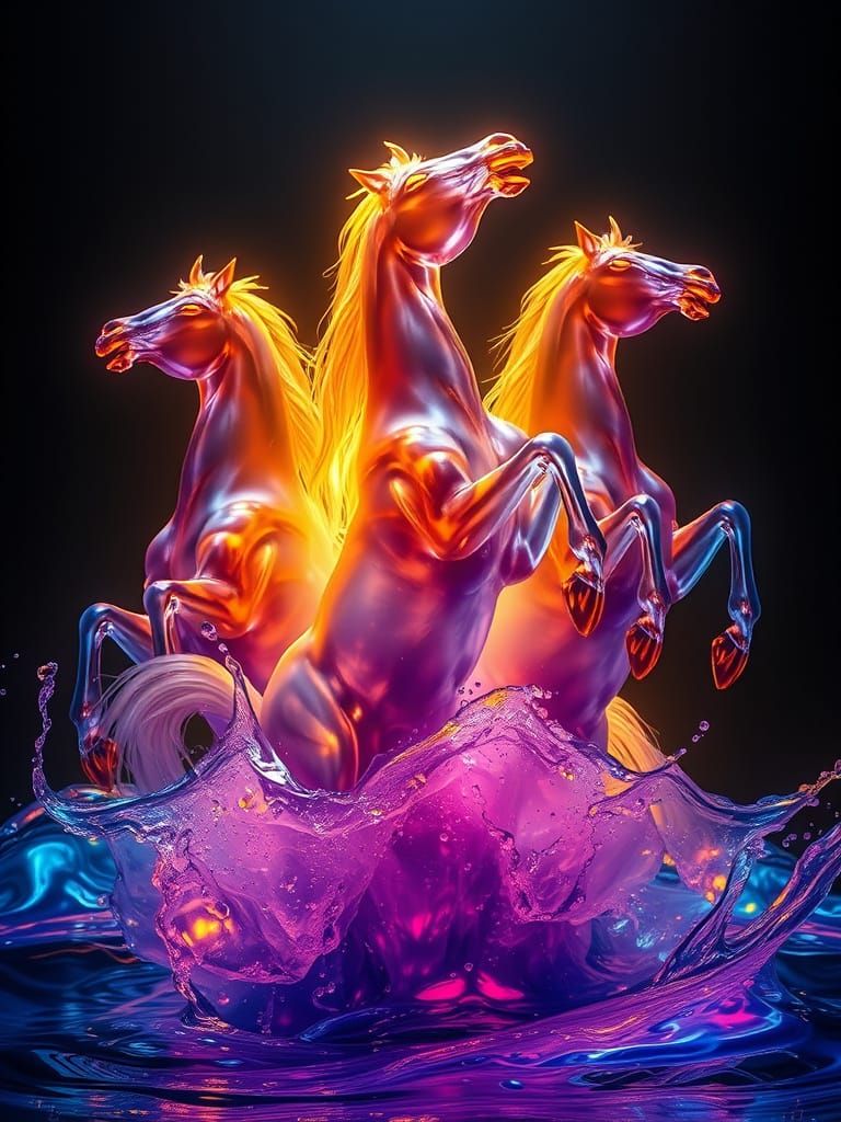 Hypnotic Stallions in Neon Crystaline Bliss