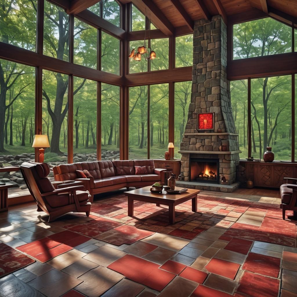 Usonian Living Room with Stained Glass, 1970s Style