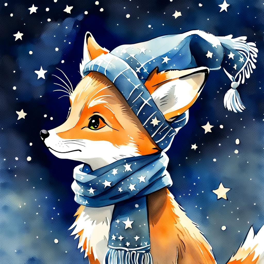 Dreamy Fox Cub in Starry Night Watercolor