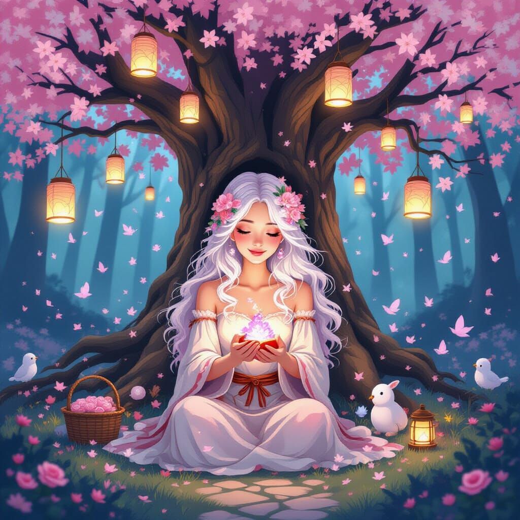 Forest Witch with Cherry Blossoms and Lanterns