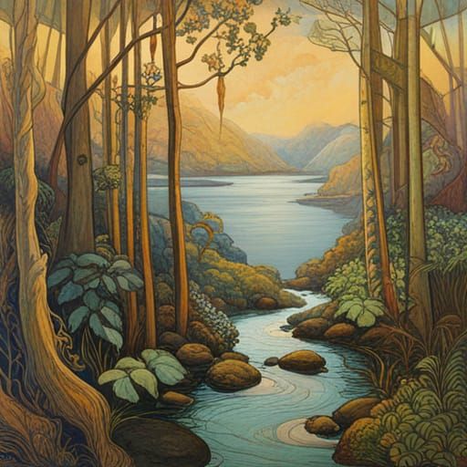 Misty Waterscape in Pre-Raphaelite Style