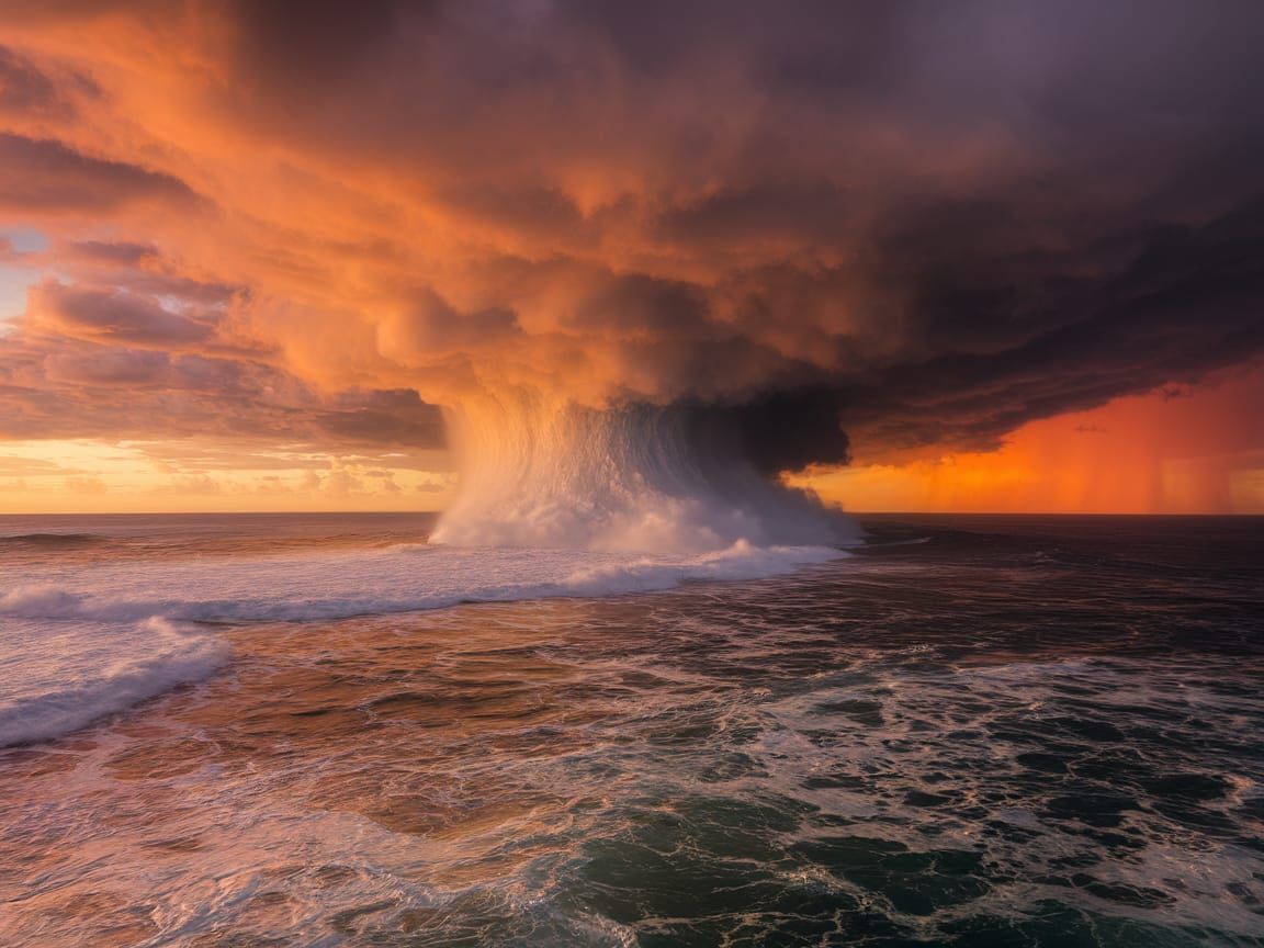 Dramatic Waterspout Over Ocean at Sunset