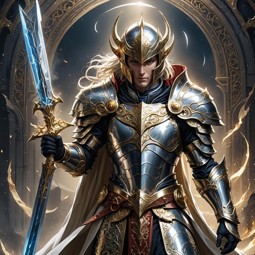 Moon Elf Paladin in Silver Armor, Anime Style