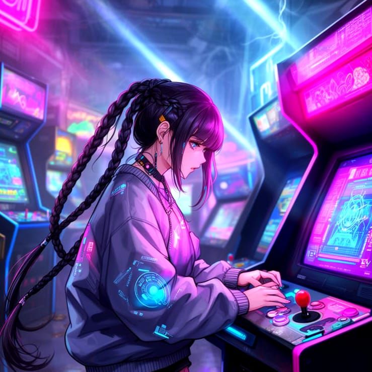 Anime Cyberpunk Arcade: Woman Plays Vintage Game