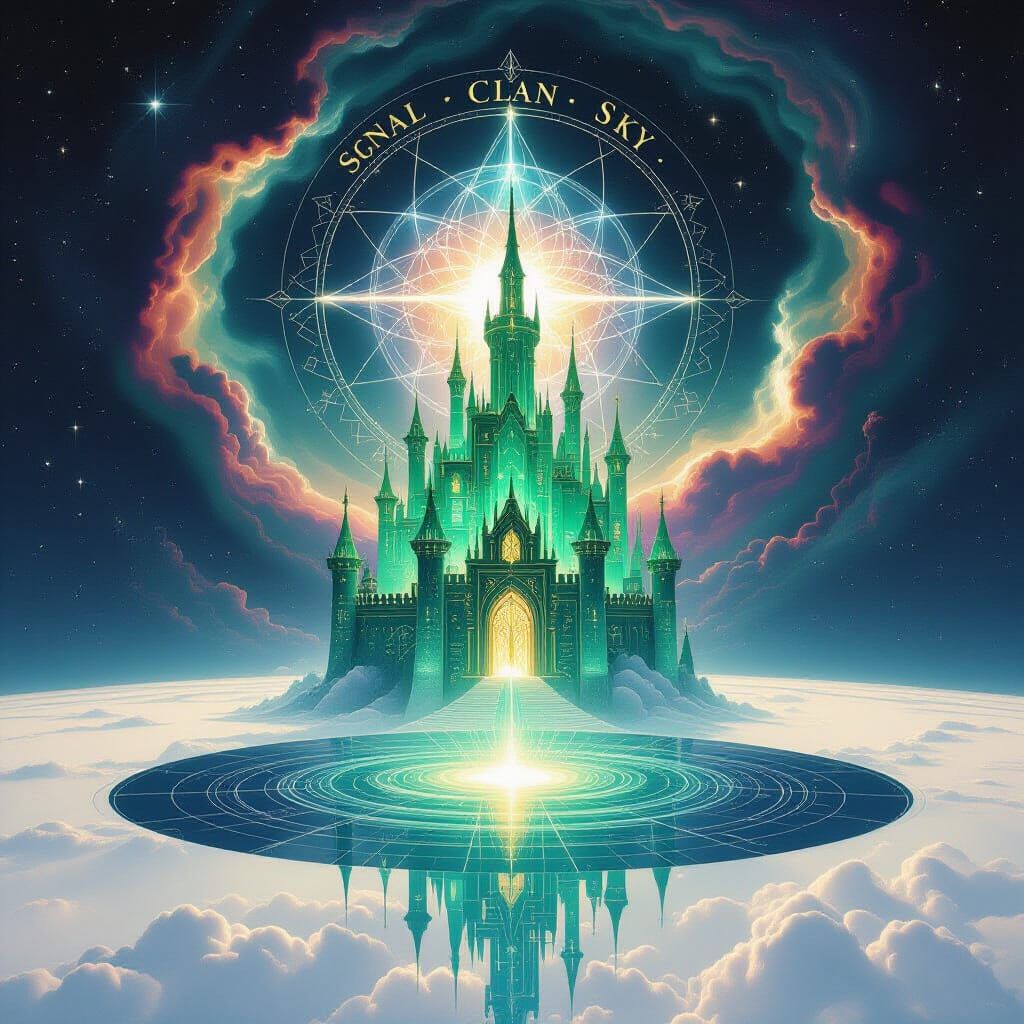 Enchanting Green Castle on White Mirror with Galactic Portal
