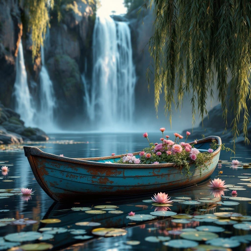Serene Rowboat Scene at Twilight Amidst Fantasy Waterfall La...