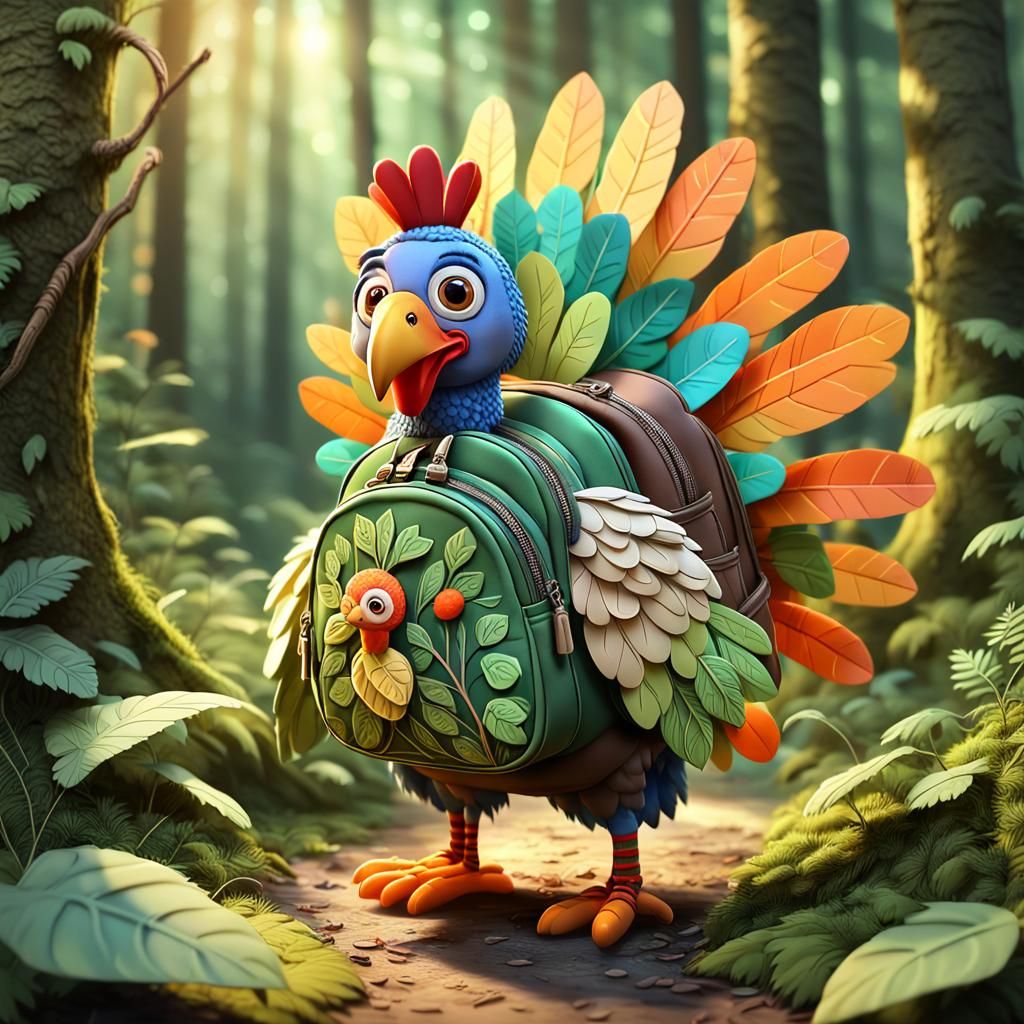Cute Anime Turkey in Forest with Backpack