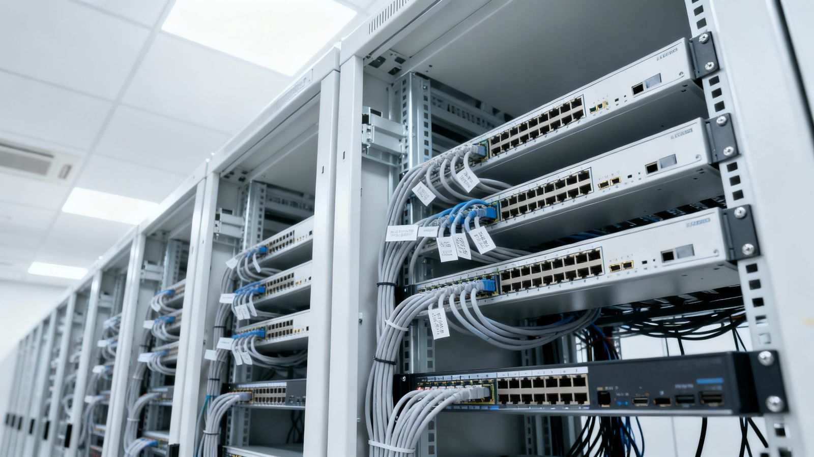 Modern Server Room with Tidy Cables and Labeled Equipment