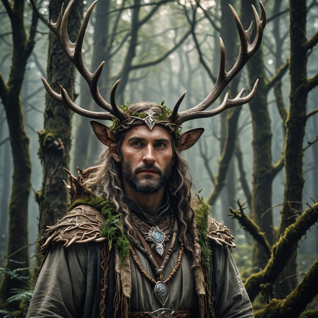 Antlered Druid in Mystical Forest, Hyperrealistic