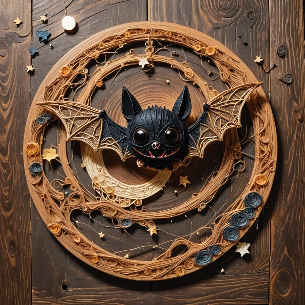 Chibi Bat in String Art Style with Full Moon