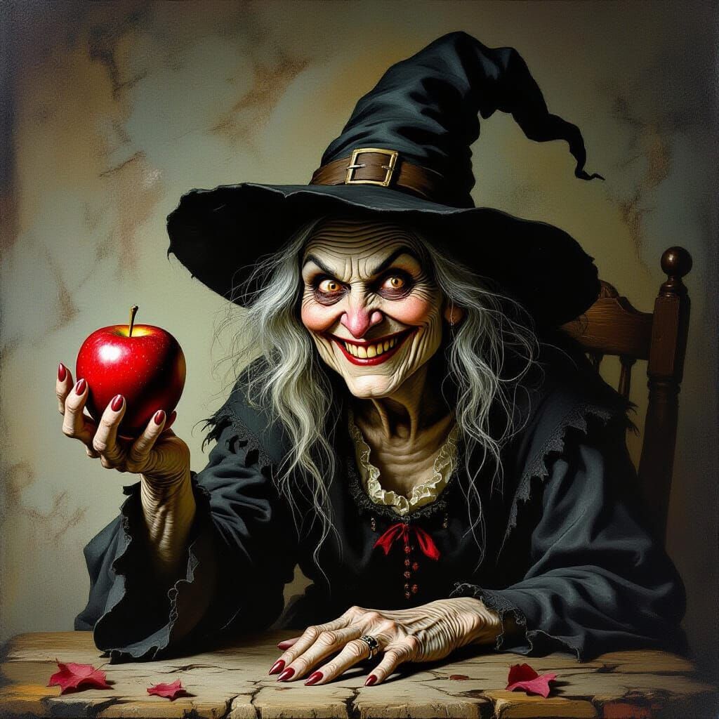 Witch Offers Glistening Red Apple in Dark Fantasy Art