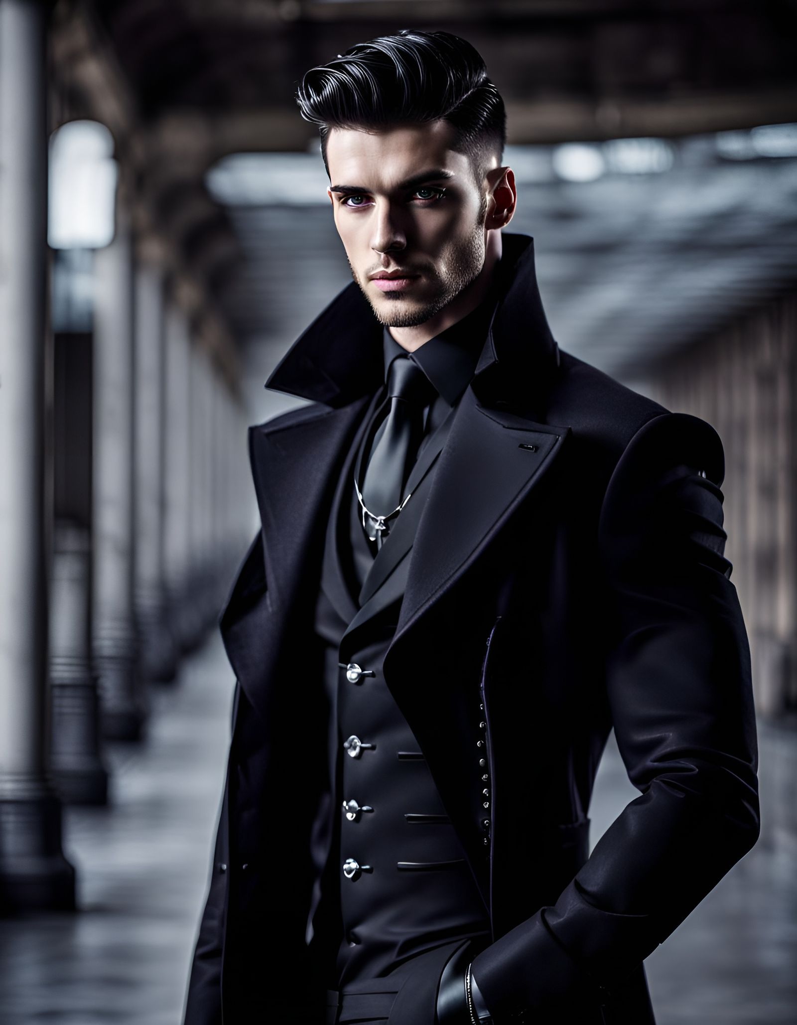 Gothic Man Portrait with Intense Purple Eyes