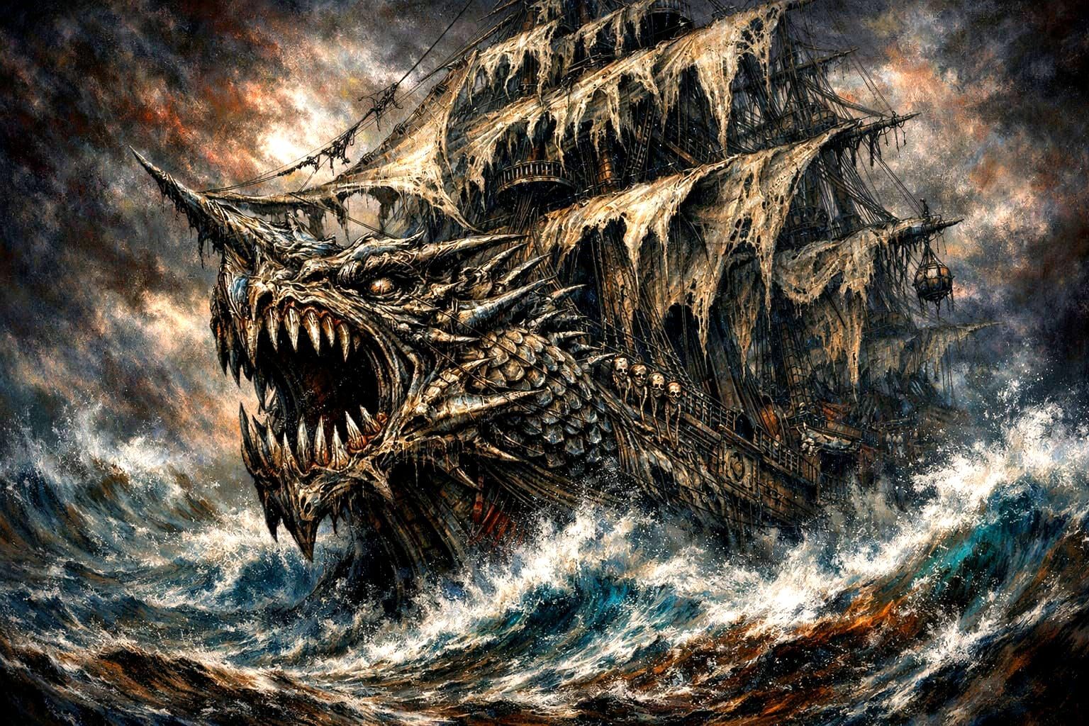 Colossal Sea Monster Pirate Ship in Turbulent Ocean