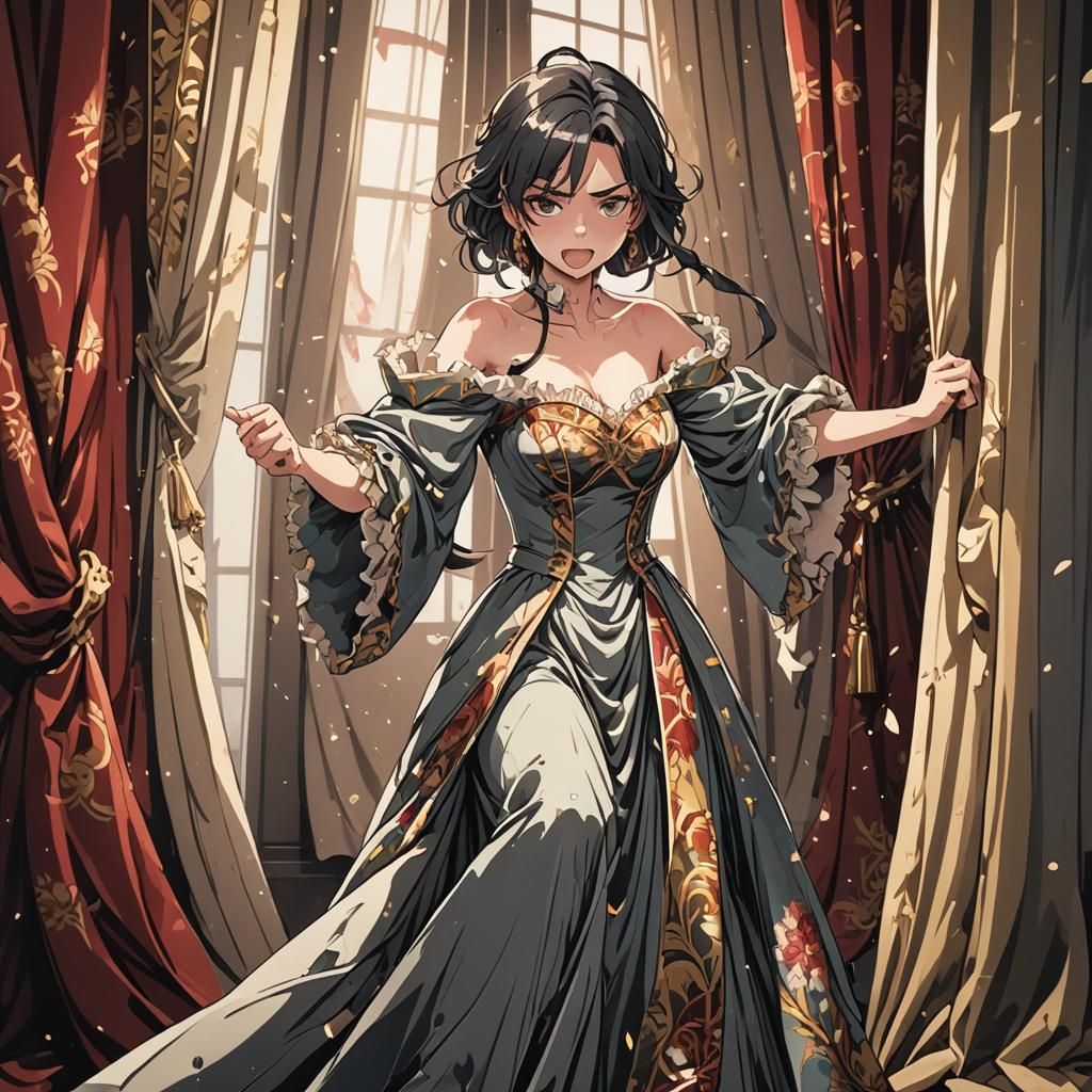 Angry Woman Tearing Curtains in Anime Style